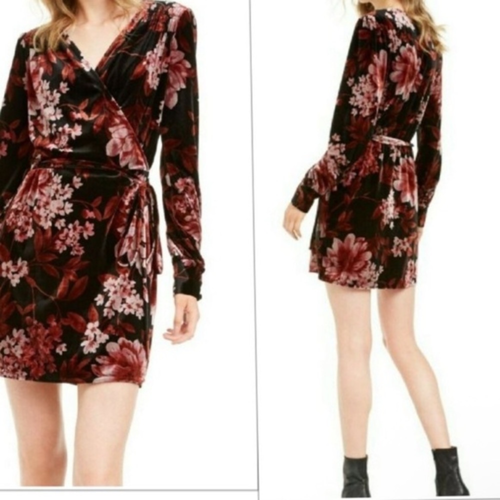 Leyden Black Burgundy Floral Velvet Long Sleeve Mini Wrap Dress